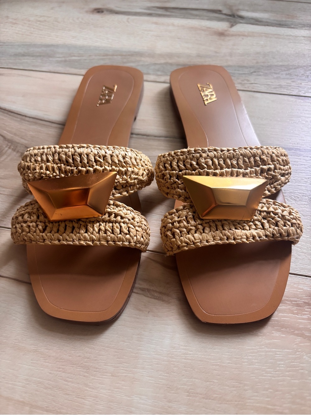 Zara Shoes | Flat Sandals with Gold Accent Color: Tan | Size: 6 - Picture 3 of 7